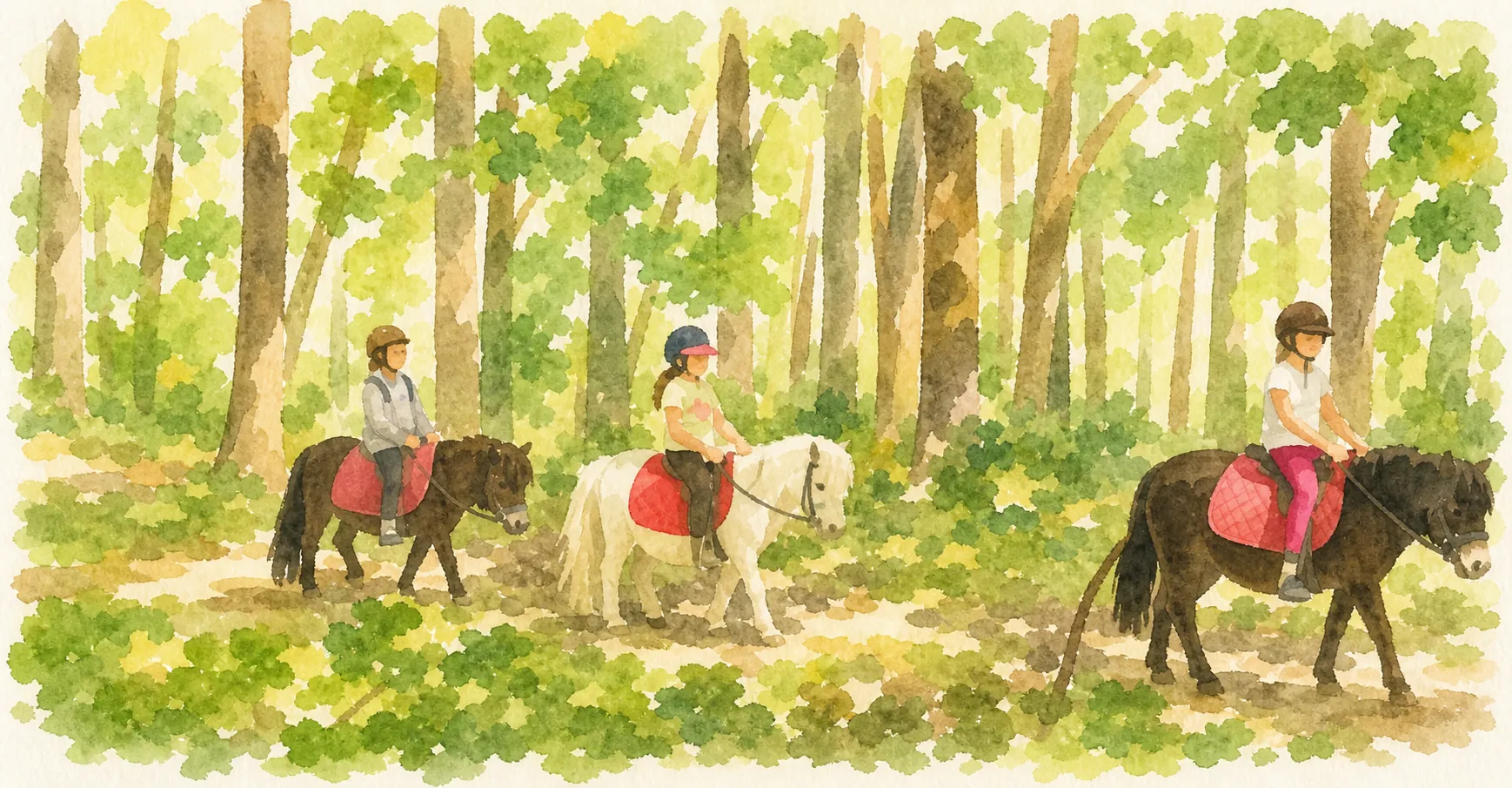 Trois enfants à poney lors d'une balade encadrée sur un chemin forestier