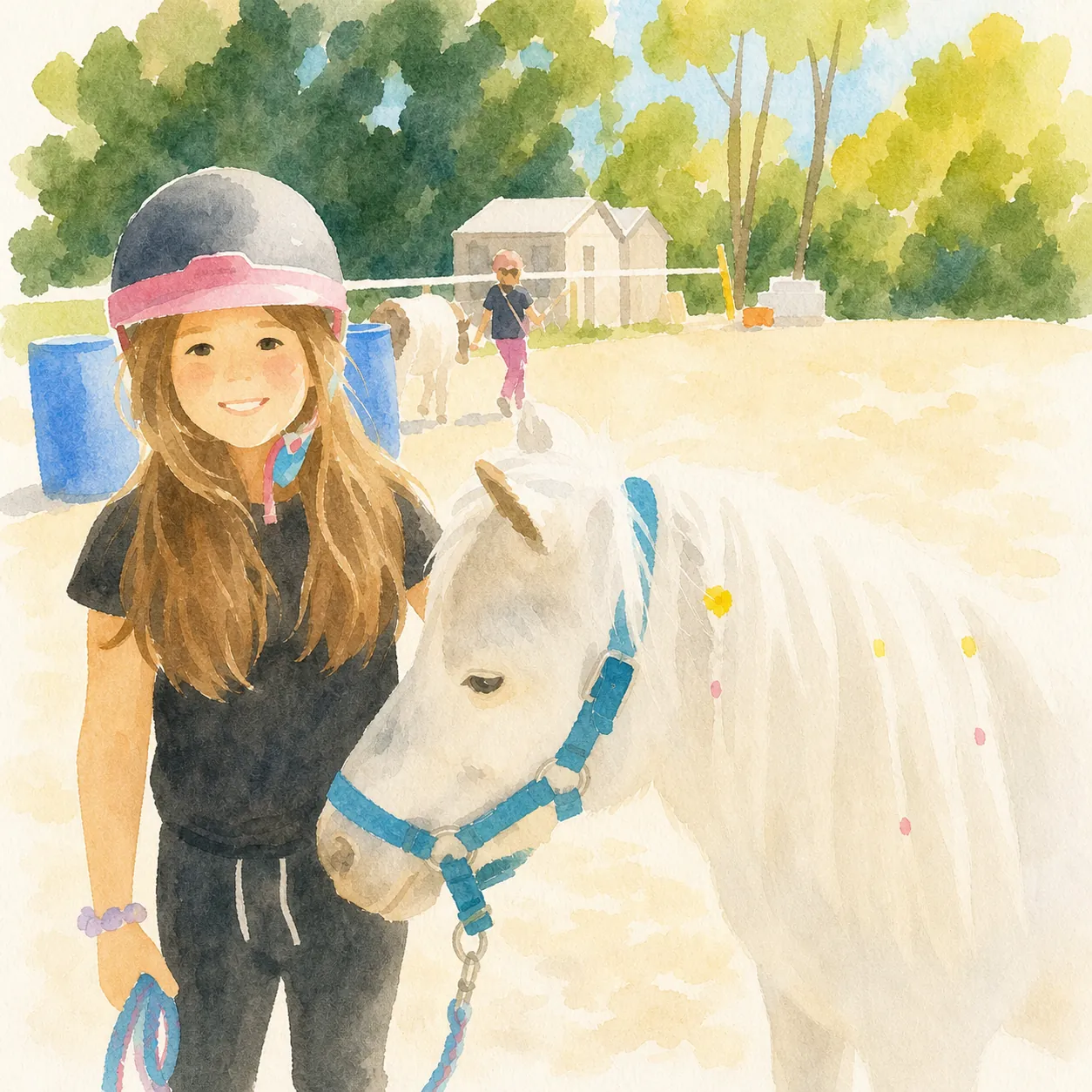 Une enfant souriante auprès d'un poney clair, un moment de lien apaisé