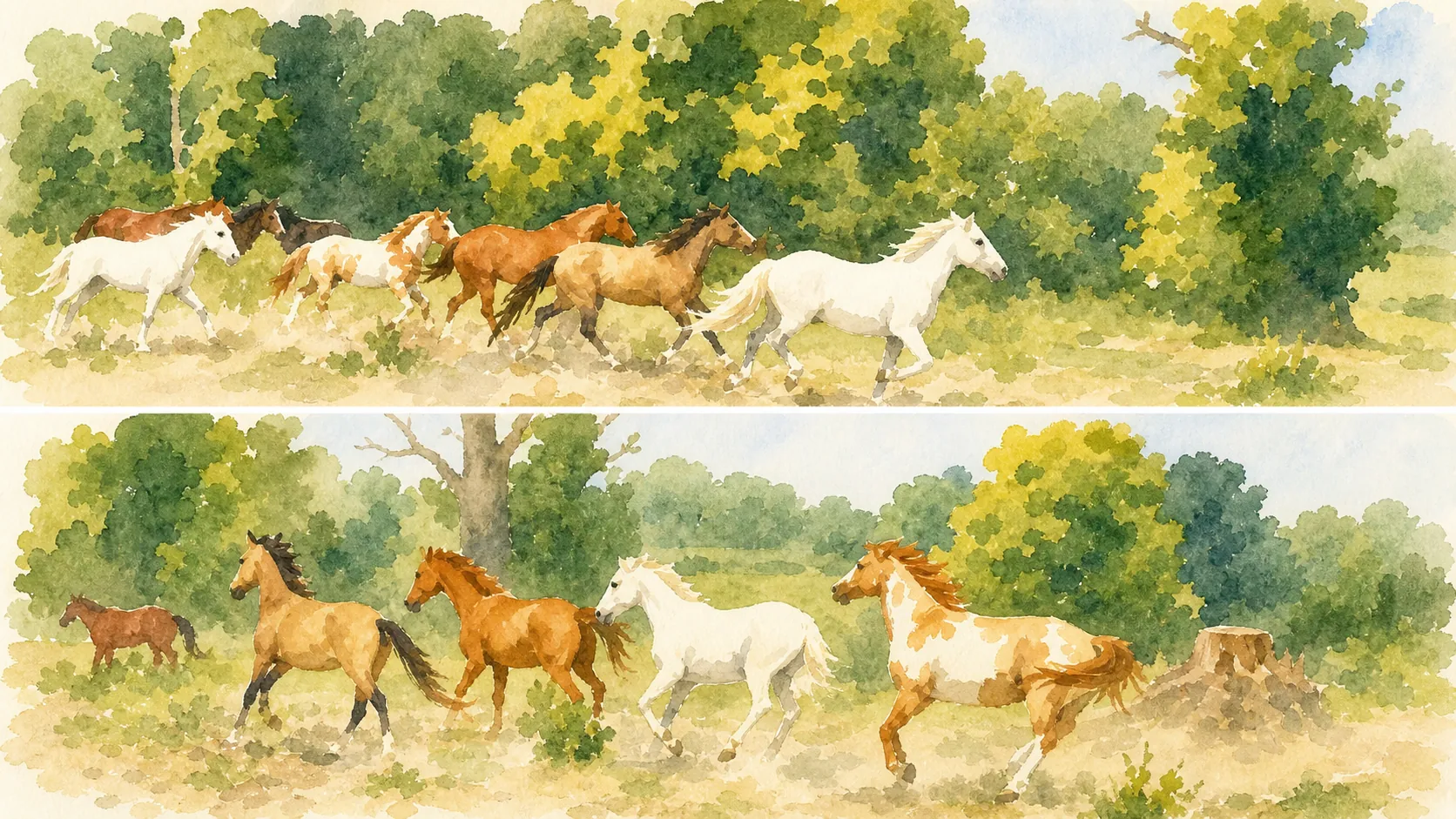Des chevaux en mouvement dans un pré ouvert, au sein de leur troupeau